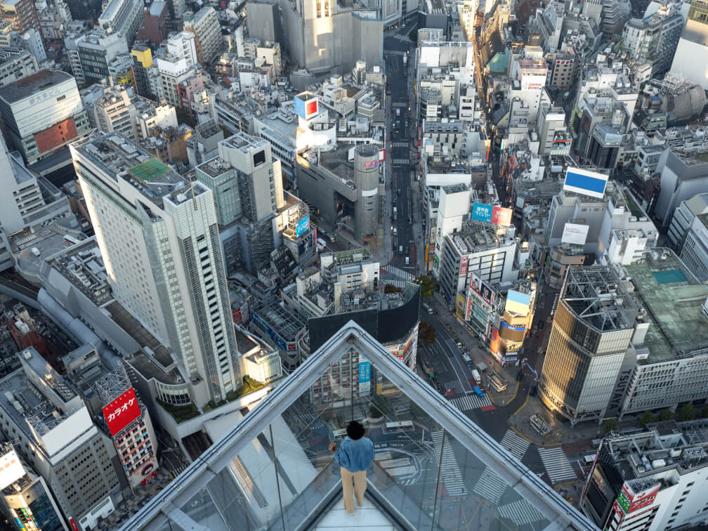 Top view of a person looking at the Tokyo skyline from a balcony with glass walls